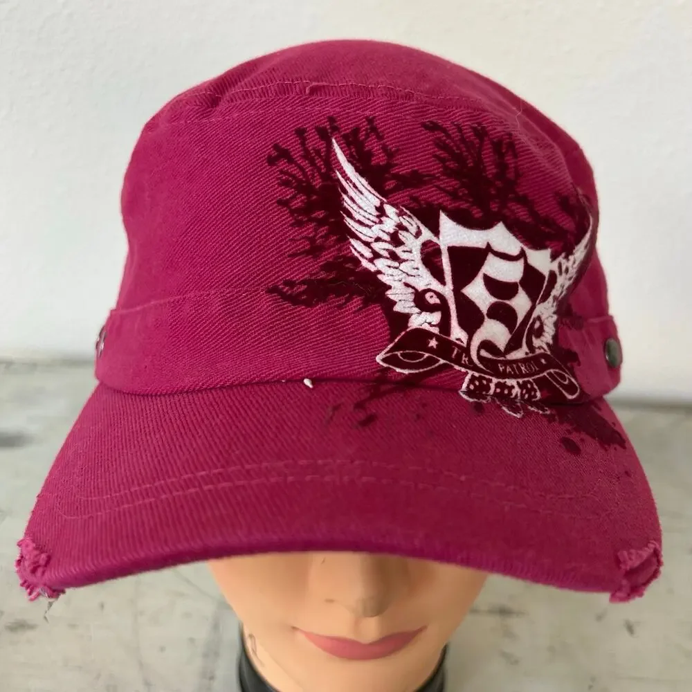 Vintage Y2K Pink Distressed Military Cadet Hat Flocked Graphic Biker Cap grunge - Picture 2 of 11